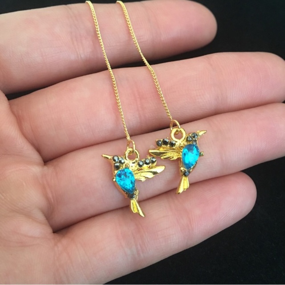 Hummingbird Blue Stone Long Dangle Earrings